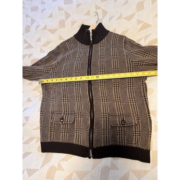 Lauren Ralph Lauren Brown Tan Houndstooth Plaid 100% Cotton Knit Zip Jacket XL - Picture 9 of 10